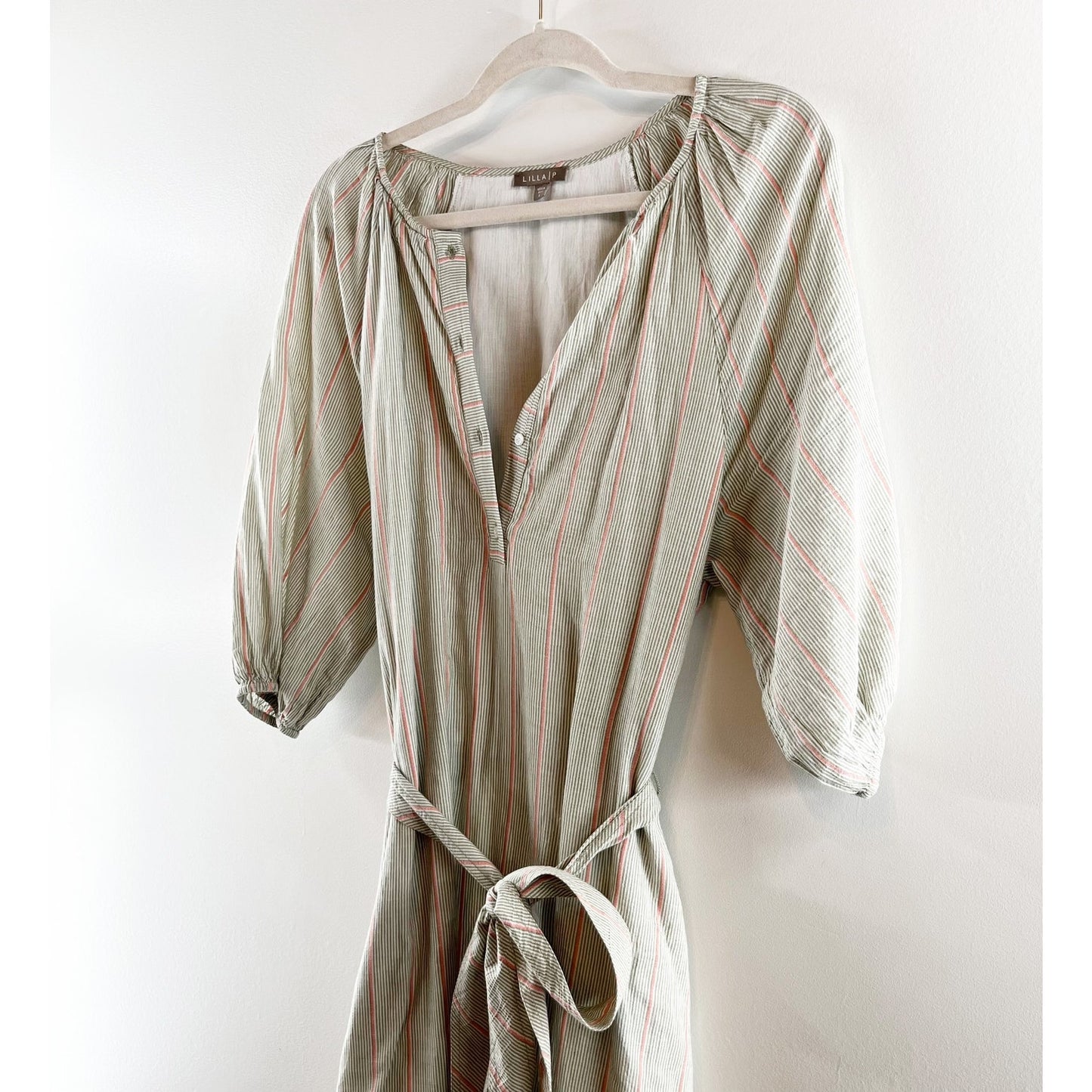 Lilla P Easy Elbow Sleeve Cotton Striped Midi Dress Papaya Stripe Small