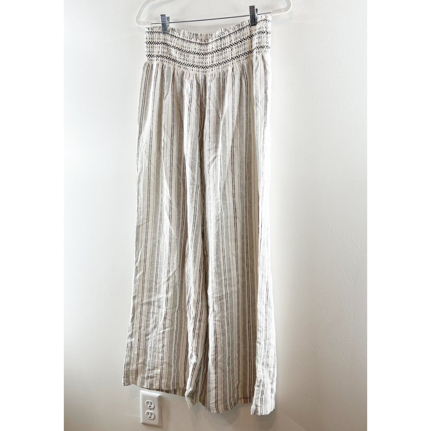 Rewash Smocked Waist Striped Wide Leg Linen Blend Pants White Blue XL
