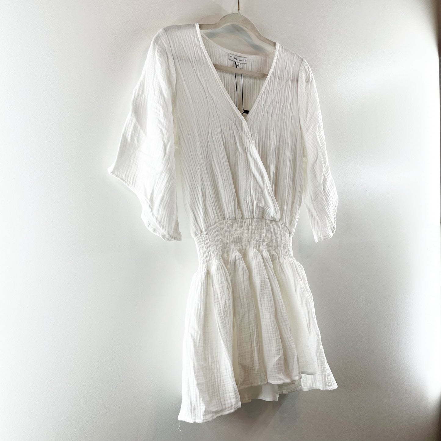 Miou Muse 3/4 Sleeve Surplice V-Neck Cover-Up Mini Dress Gauze White Small