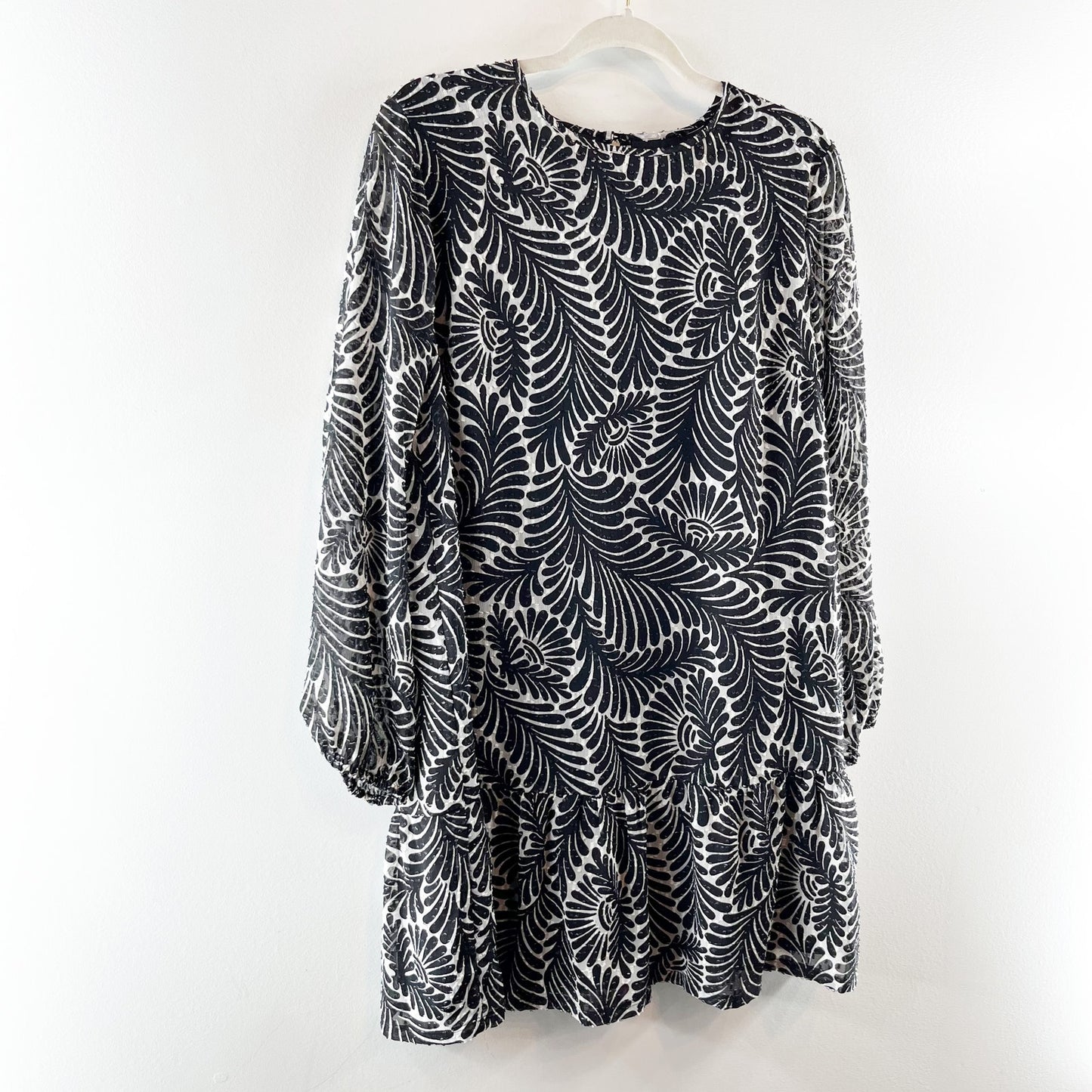 LOFT Fern Printed Flounce Long Sleeve Mini Swing Dress Black Medium Petite