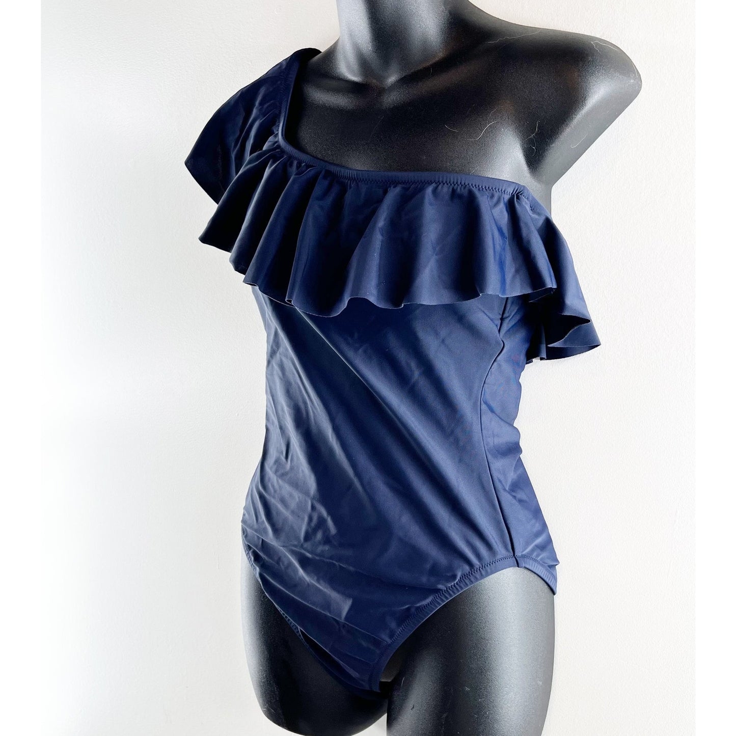 J. Crew One Shoulder Ruffle Trim One Piece Bathing Suit Navy Blue Medium