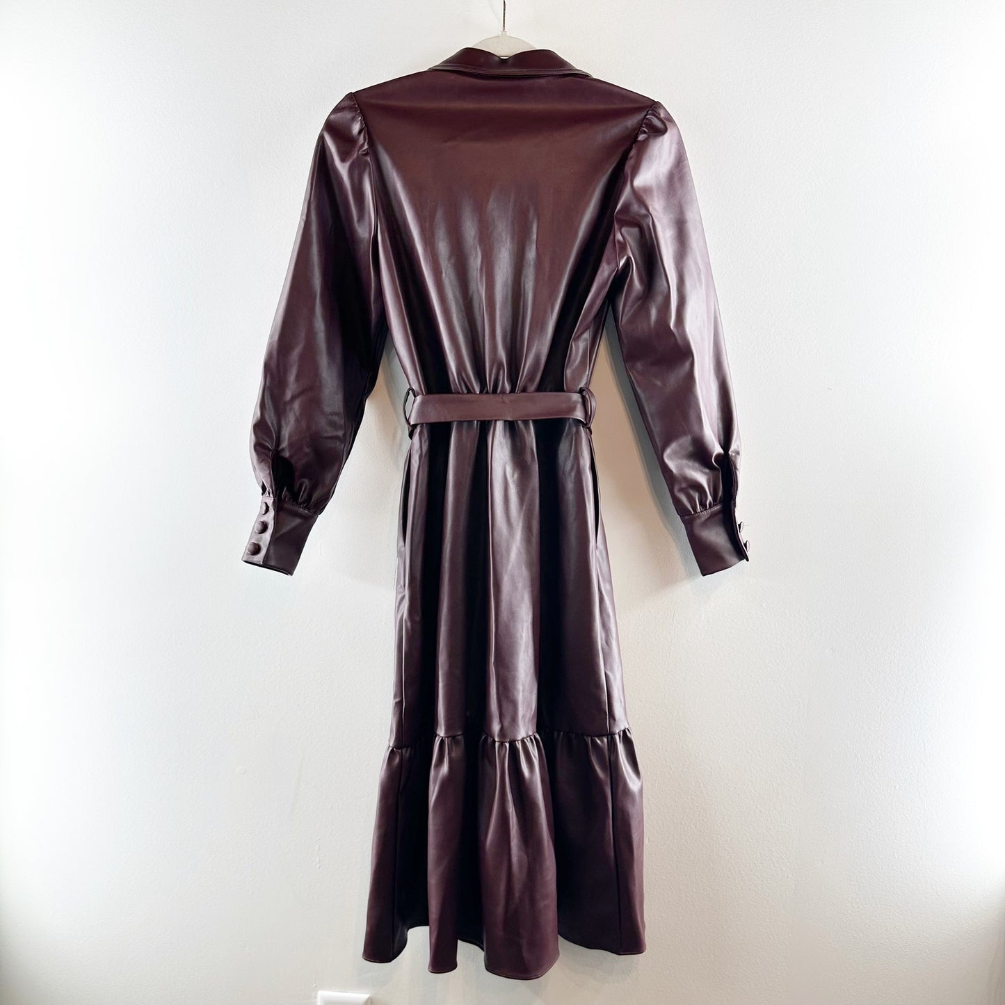 Evereve Isabella Long Sleeve Button Up Faux Leather Midi Dress Burgundy Brown XS