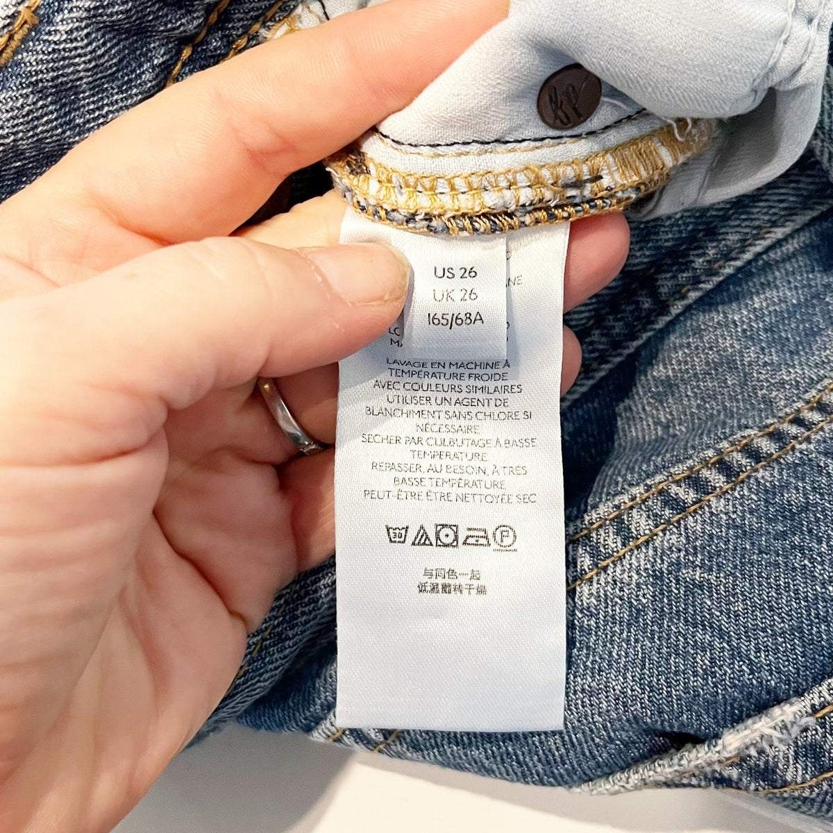 Free People Mid Rise Maggie Button Fly Straight Leg Chewed Hem Jeans Blue 26