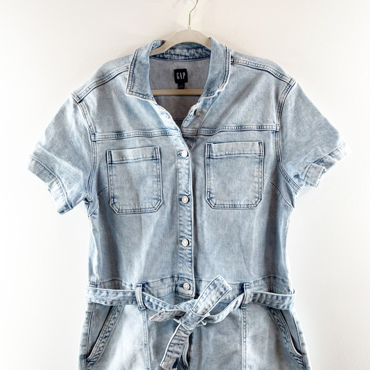 GAP Short Sleeve Tie Waist Denim Romper Light Indigo Wash Blue 20