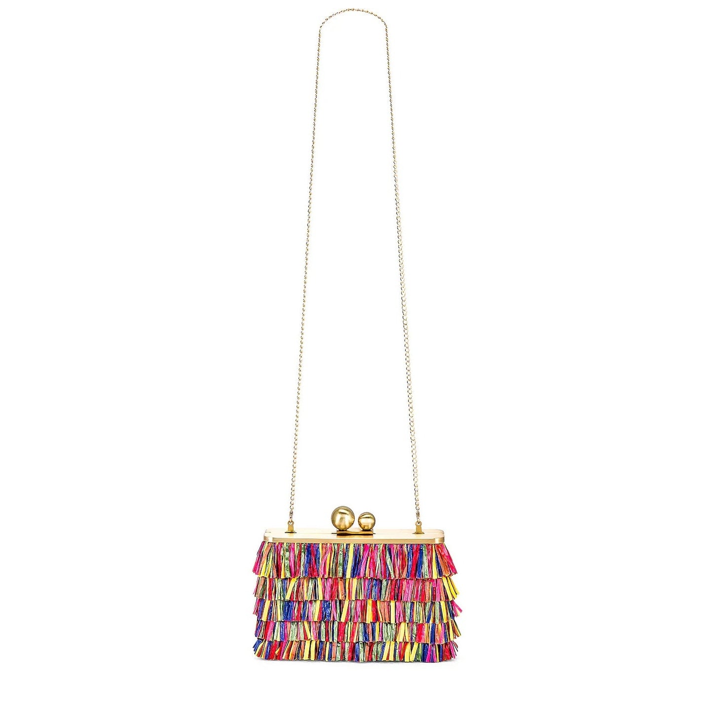 Olga Berg Carlita Carnivale Clutch Chain Crossbody Fringe Straw Bag Purse