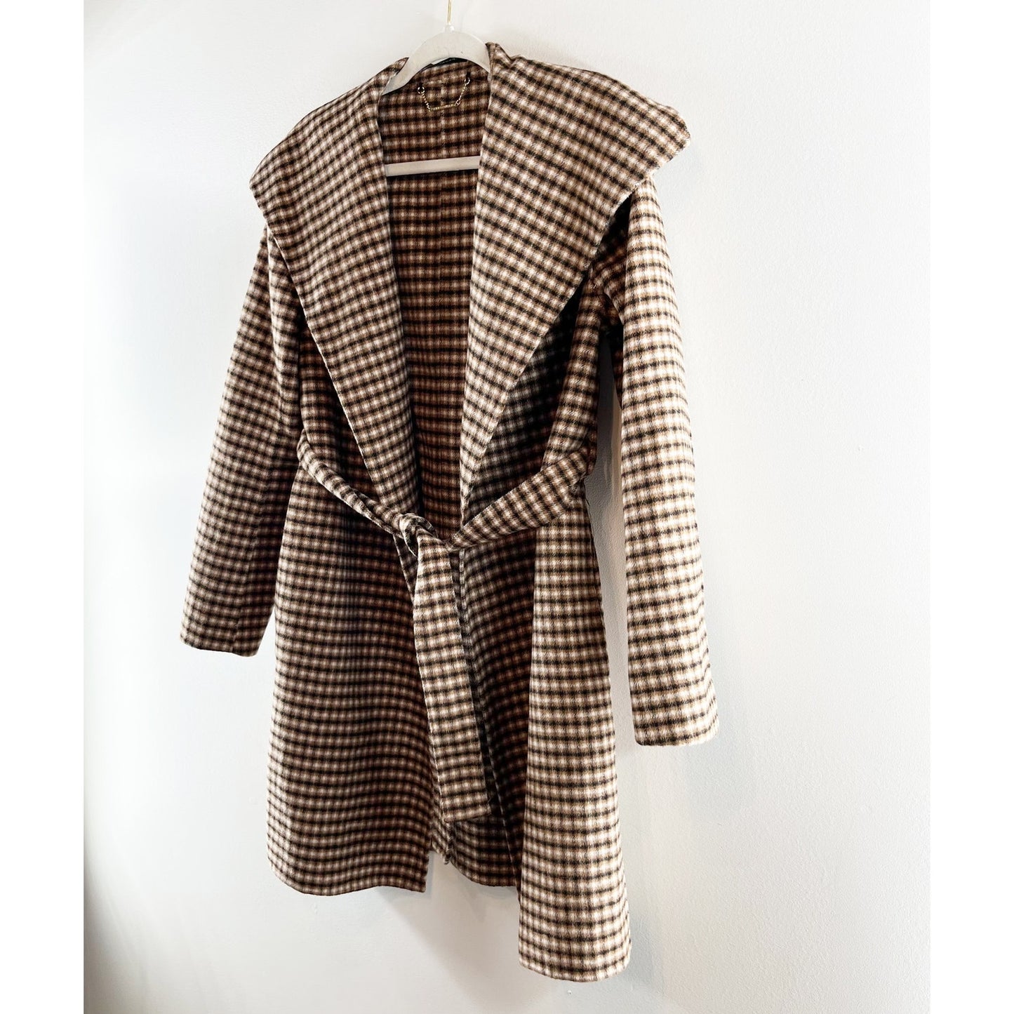 Elie Tahari Vienna Belted Wool Blend Plaid Wrap Coat Jacket Tan Small