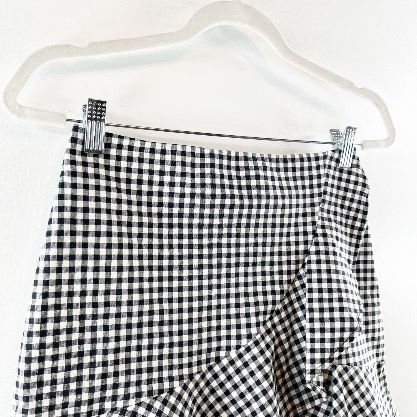 H&M Wrap Front Ruffle Hem Gingham Mini Skirt Black White 6