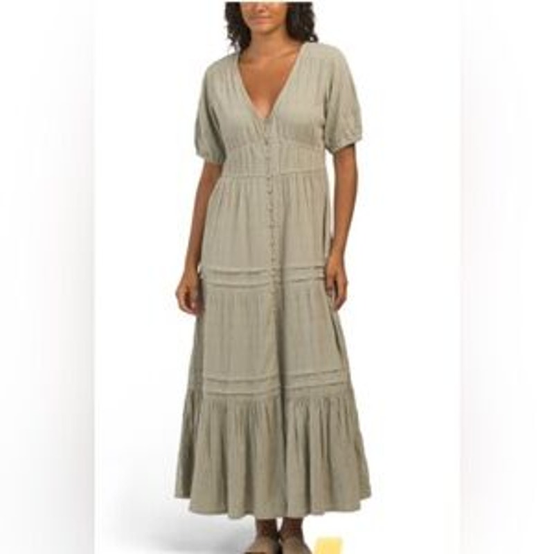 Lucky Brand Cotton Button Up Tiered Short Sleeve Maxi Dress Green Large