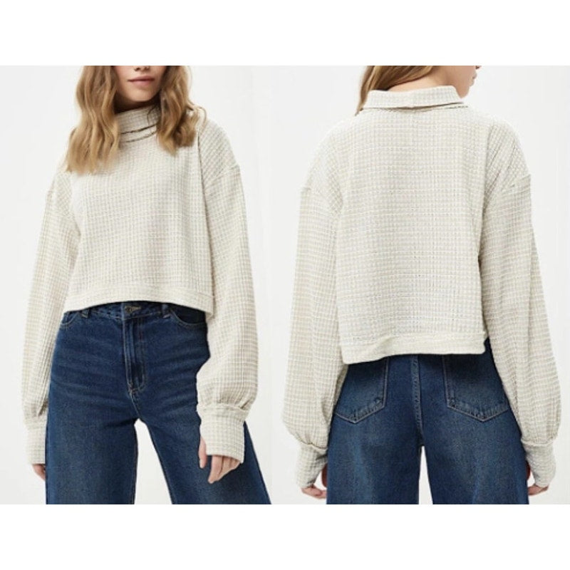 Free People BK Long Sleeve Turtleneck Waffle Knit Crop Thermal Top White Combo M