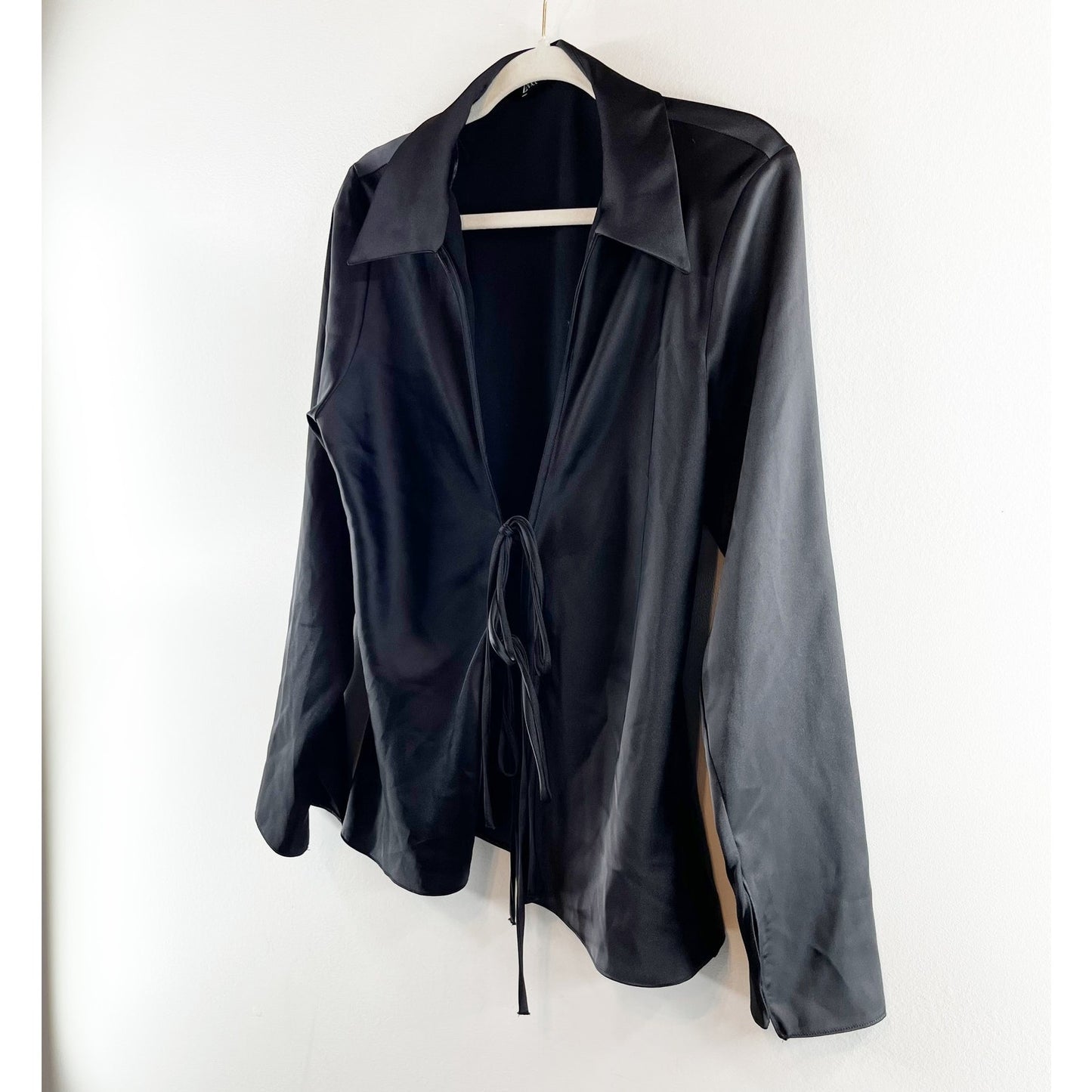 Zara Tie Front Long Sleeve Satin Blouse Shirt Black XL