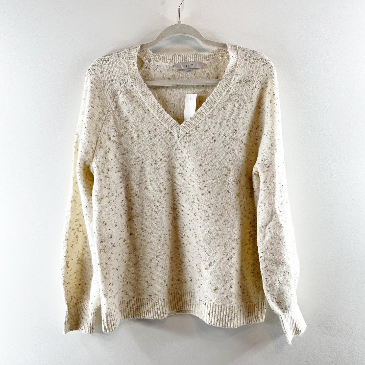 LOFT Shimmer V Neck Long Sleeve Sweater Ivory Cream Gold Large