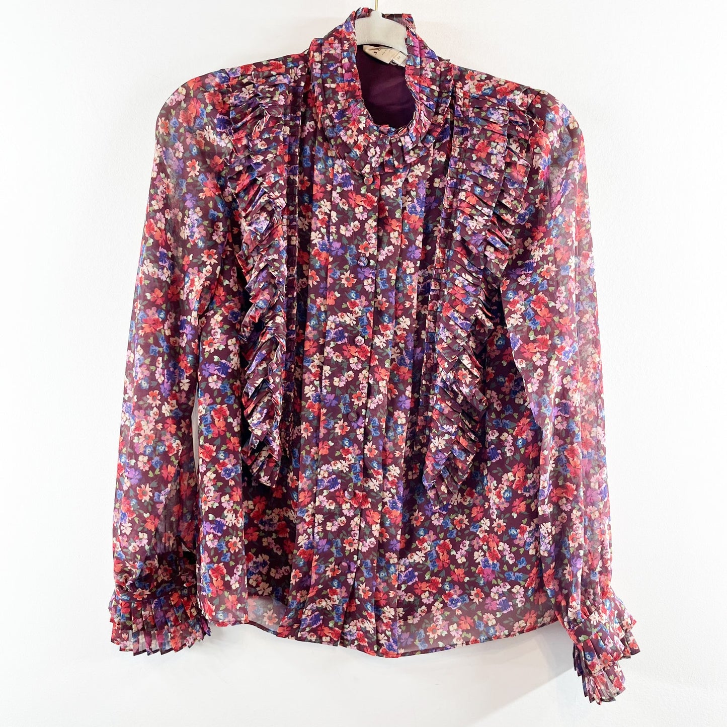 Sezane Dany Button Up Shirt Blouse Floral Ruffle Long Sleeve Purple 34 / US 2-4