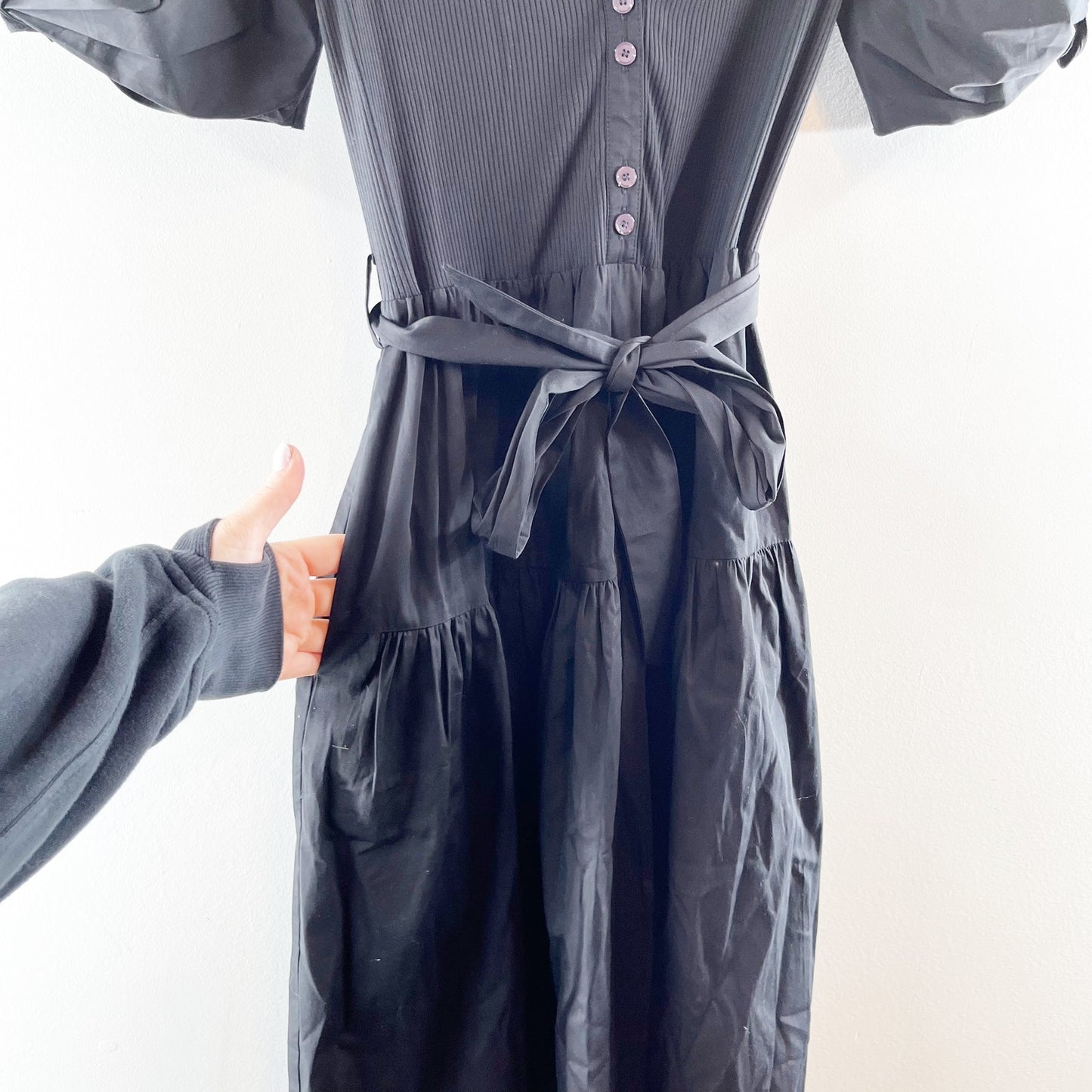 Derek Lam 10 Crosby Natalia Short Puff Sleeve Poplin Midi Dress Black Small