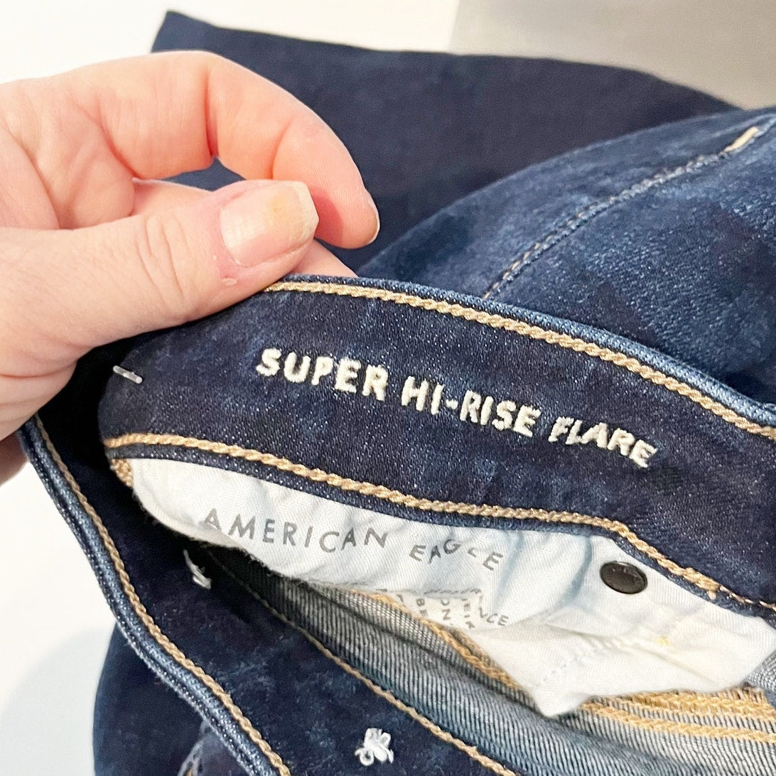 American Eagle Super High Rise Flare Jeans Dark Wash Blue 12 Short
