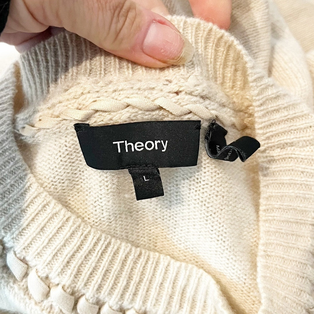 Theory Ribbon Trim Long Sleeve Roll Hem Cashmere Sweater Tan Large