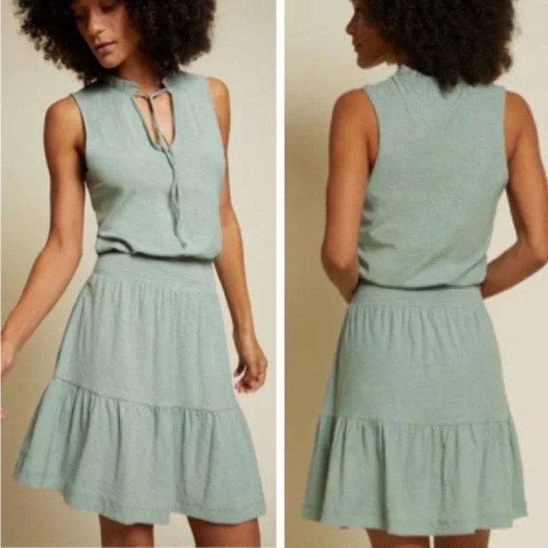 Nation LTD Lael Easy Smocked Ruffle Neck Sleeveless Peasant Mini Dress Green M