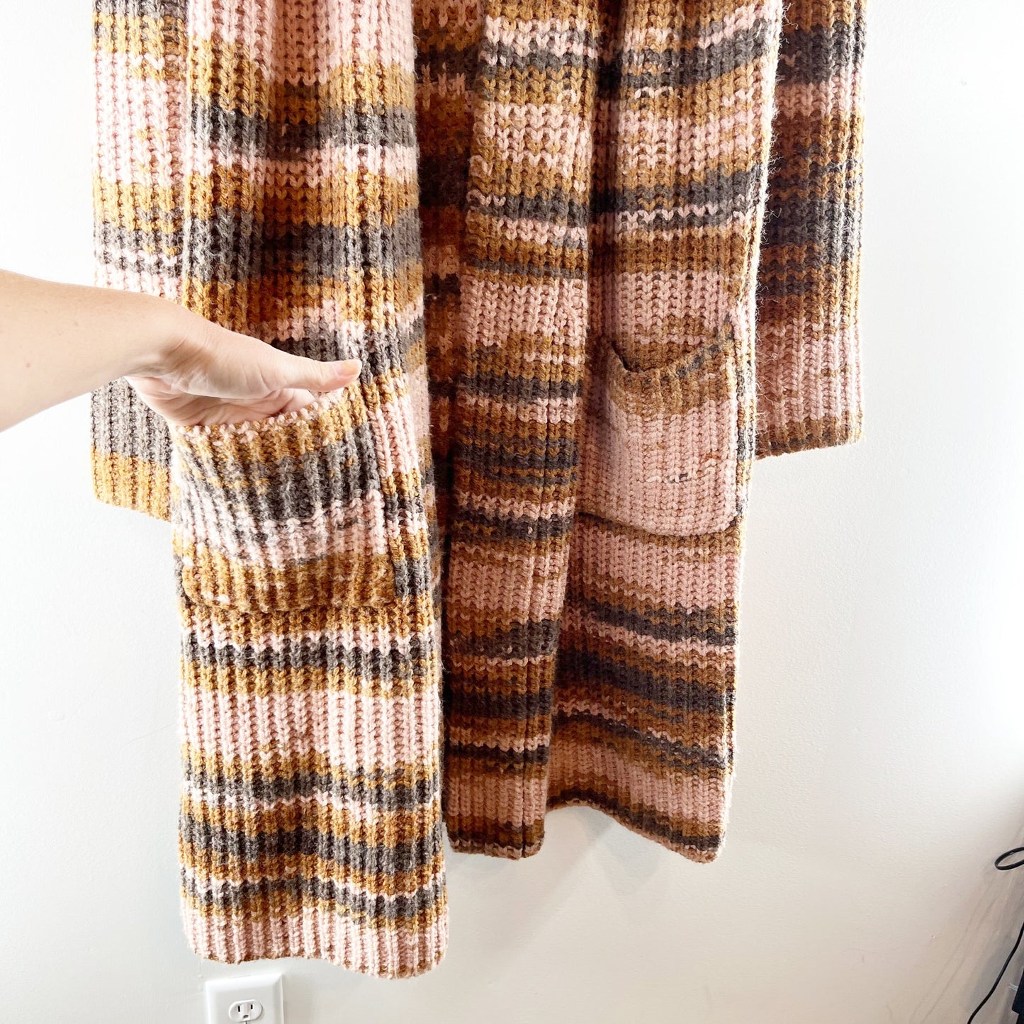 Skull Cashmere Open Striped Chunky Duster Cardigan Sweater Brown Pink Medium