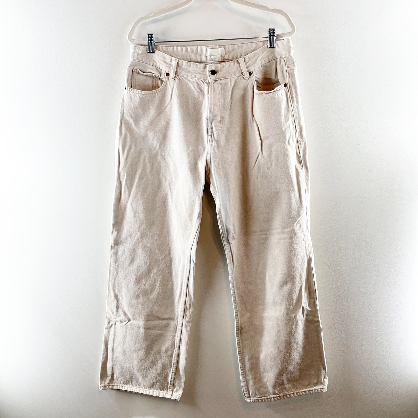 H&M High Rise Cotton Button Fly Straight Leg Jeans Cream Bone 14