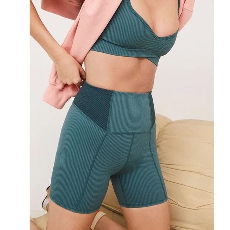 For Love & Lemons Dani Ribbed High Rise Bike Shorts Teal Green Blue Small