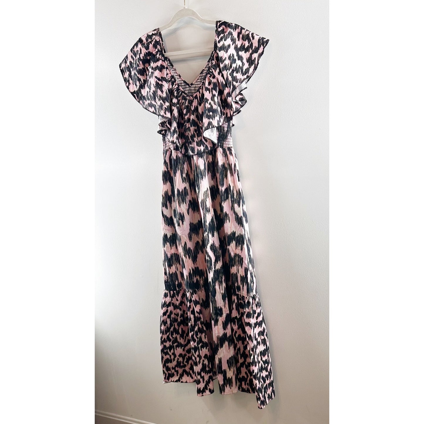 Maria Cher Dabir 100% Cotton Ruffle Trim V-Neck Smocked Midi Dress Pink Black XS