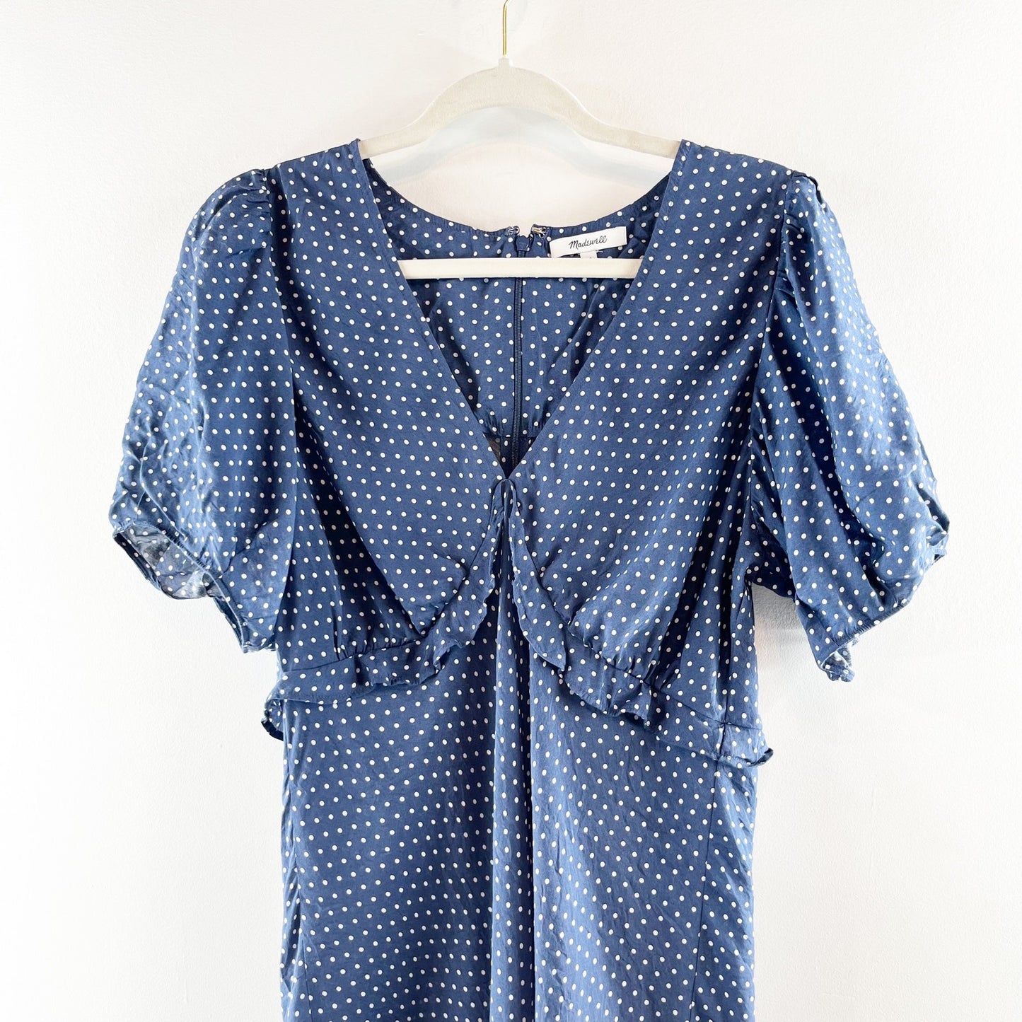 Madwell Puff-Sleeve Ruffle Mini Dress in Polka Dot Curfew Blue 14