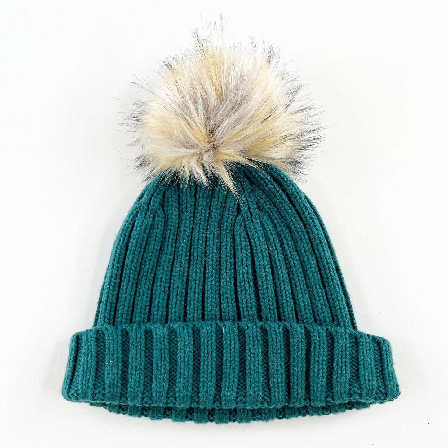 J. Crew Ribbed Faux Fur Pom Pom Beanie Wool Blend Hat Green