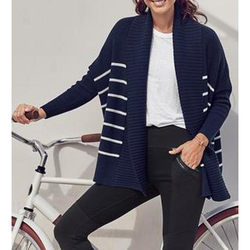 Athleta Striped Peaceful Wrap Open Knit Chunky Cardigan Sweater Navy Blue XXS