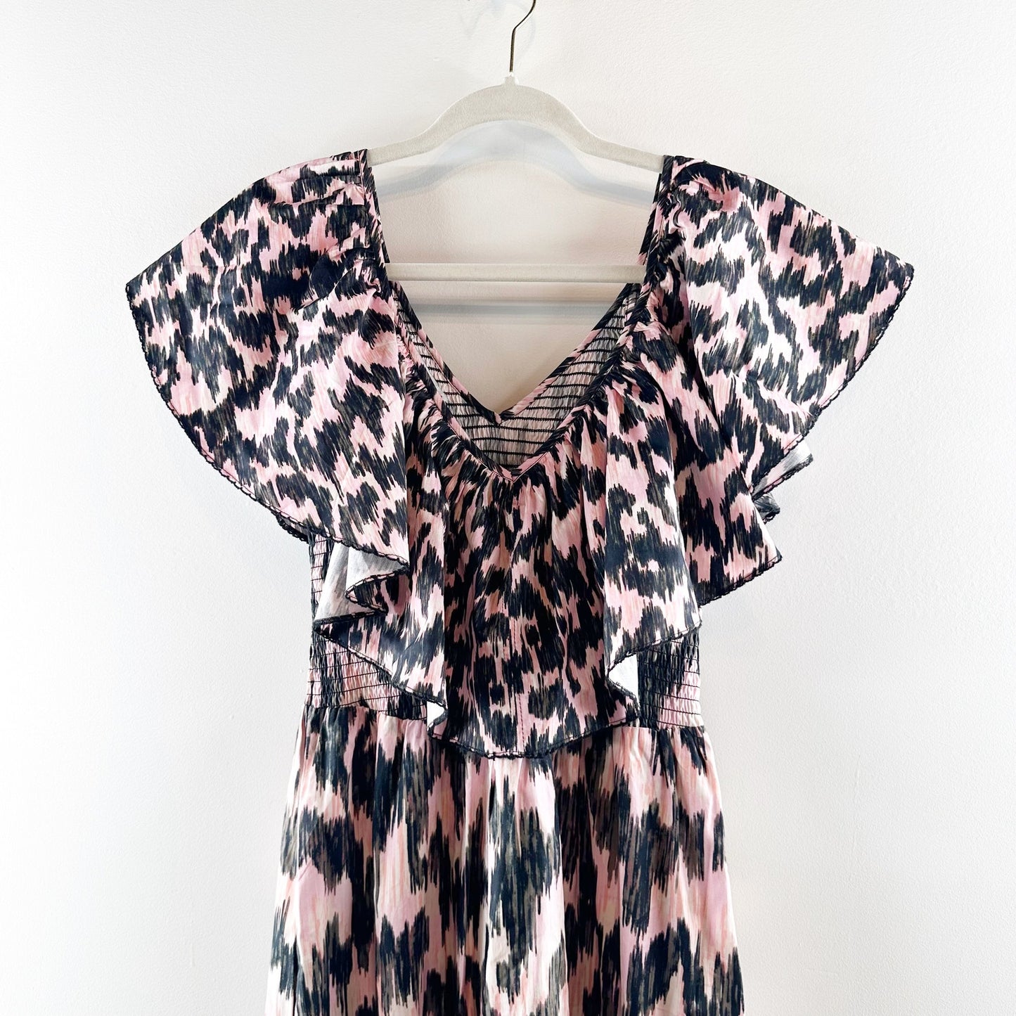 Maria Cher Dabir 100% Cotton Ruffle Trim V-Neck Smocked Midi Dress Pink Black XS
