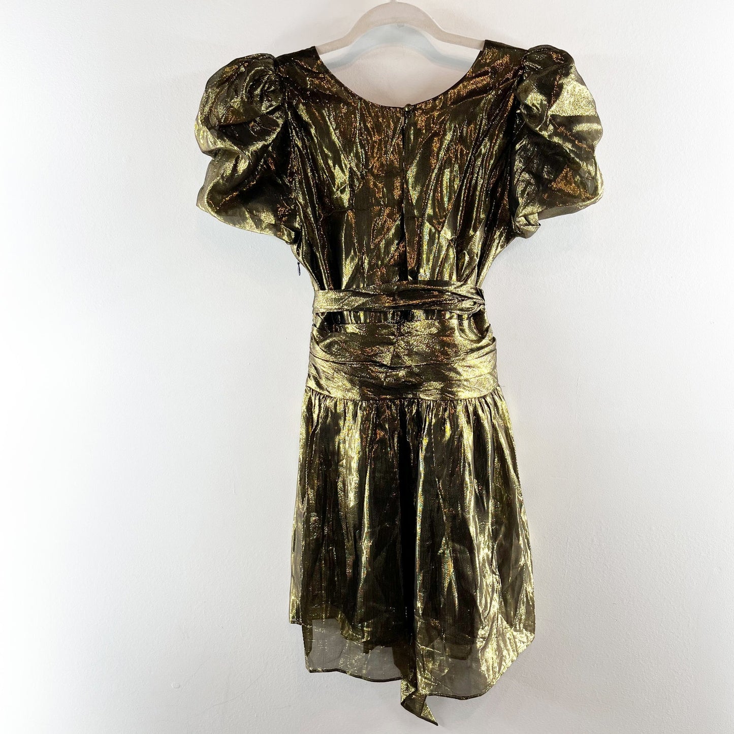 Loveshackfancy Mercy Short Puff Sleeve Metallic Tie Waist Mini Dress Gold 4