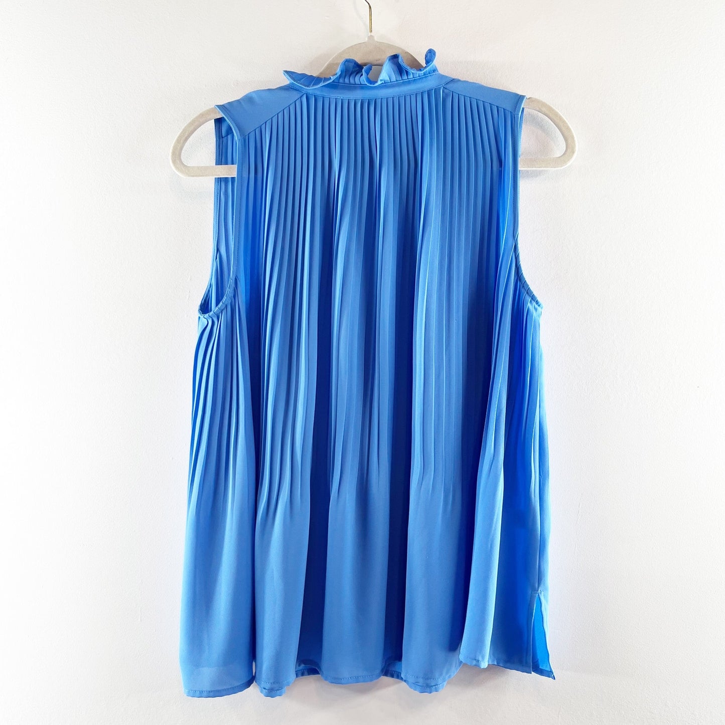 LOFT Pleated Ruffle Neck Sleeveless Tassel Blouse Tank Top Blue Small