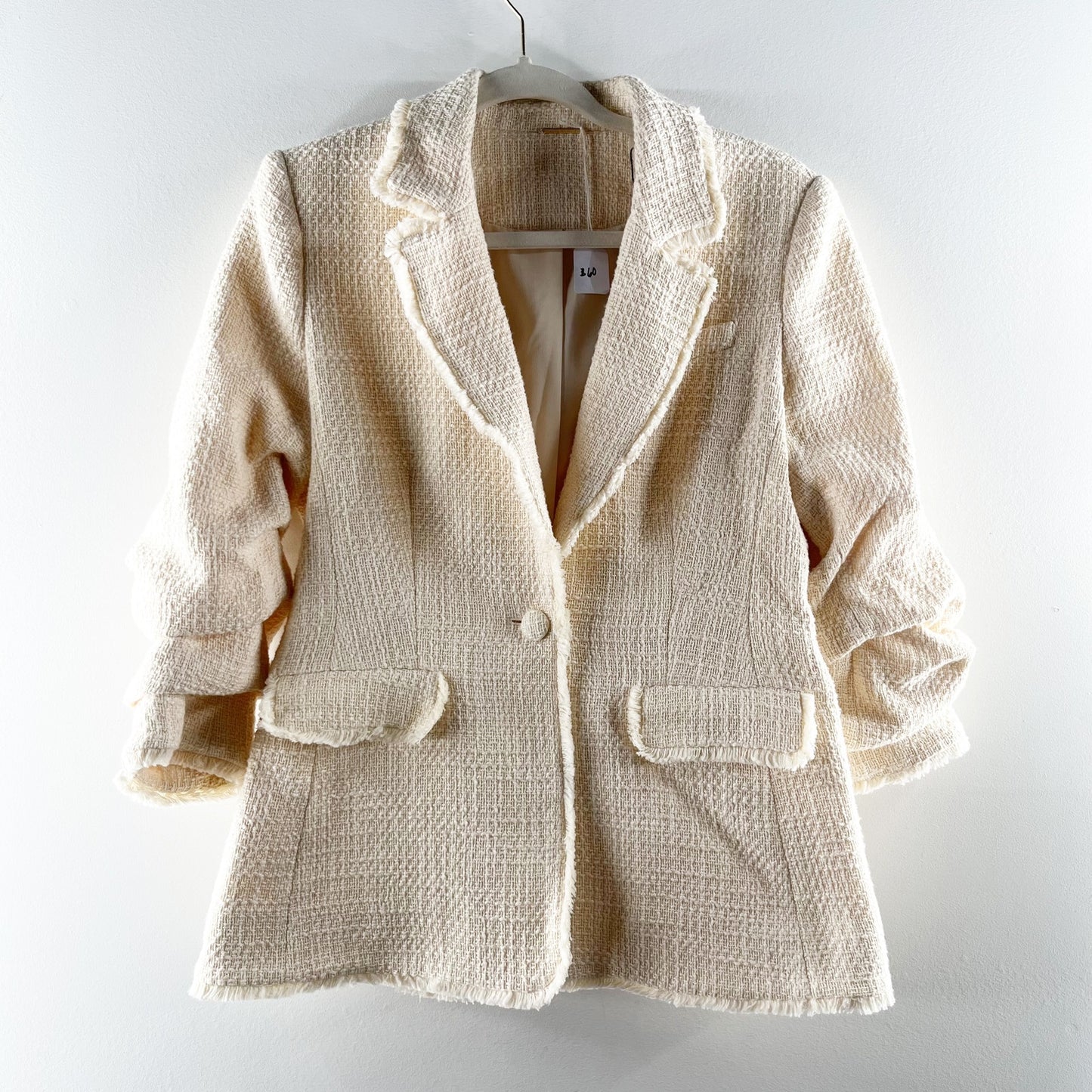 Elie Tahari Tweed Fringe Single Button Ruched Sleeve Blazer Jacket Cream 8
