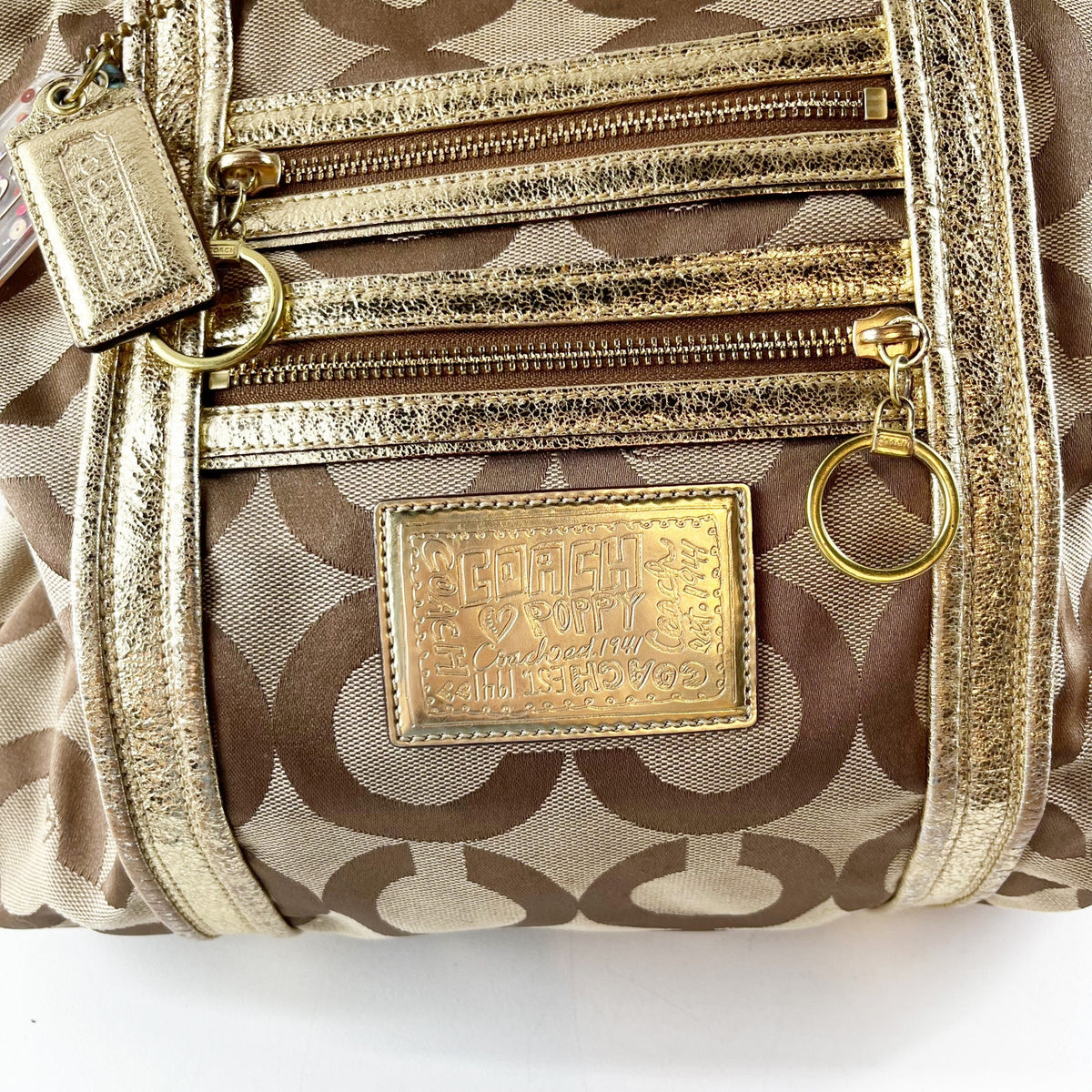 Coach Poppy Signature C Logo Shoulder Tote Bag Purse Brown Gold