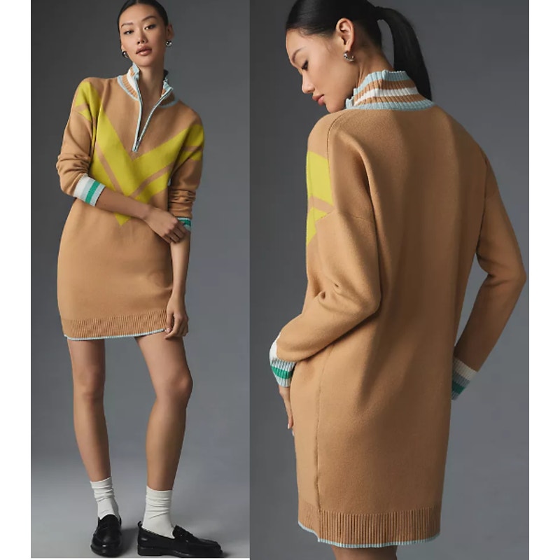 Maeve Anthropologie Varsity Half-Zip Tunic Mini Dress Neutral Tan Yellow Large