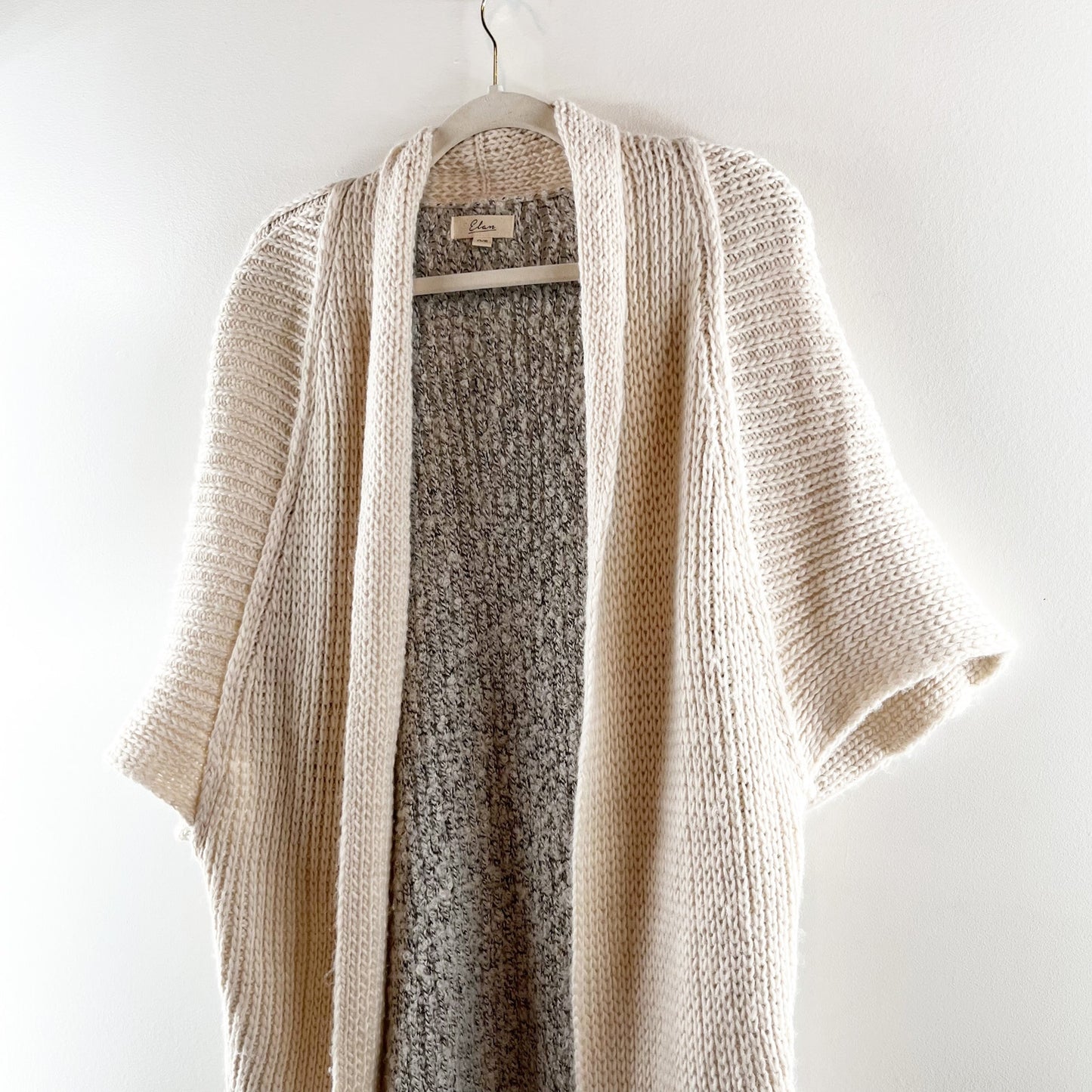 Elan Colorblock Short Sleeve Open Knit Sweater Cardigan Beige Gray One Size