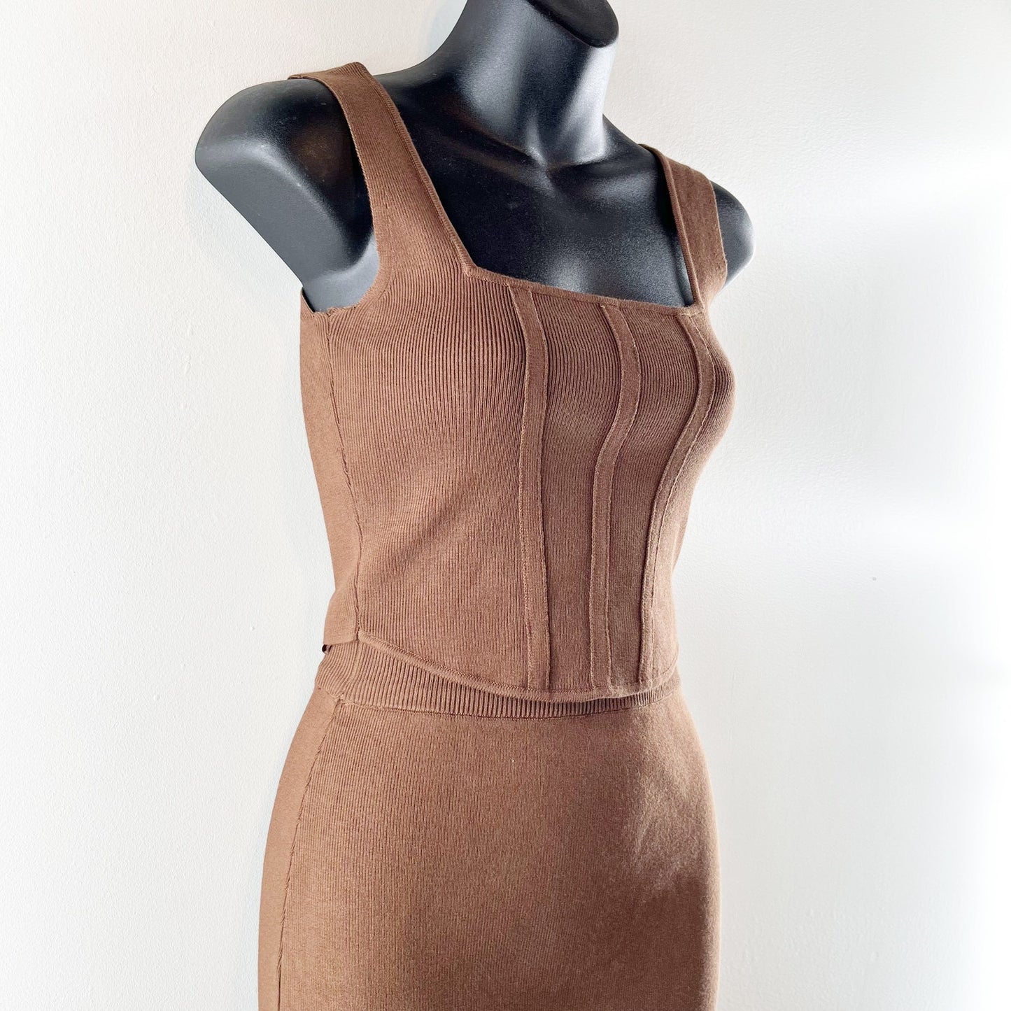 Miou Muse Knit Set Cropped Corset Top High Rise Midi Skirt Brown Small