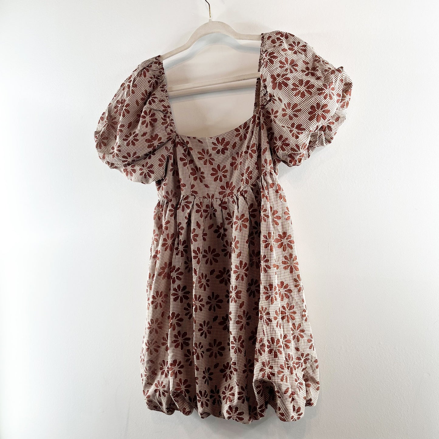 Storia Short Puff Sleeve Square Neck Floral Daisy Bubble Hem Mini Dress Brown M