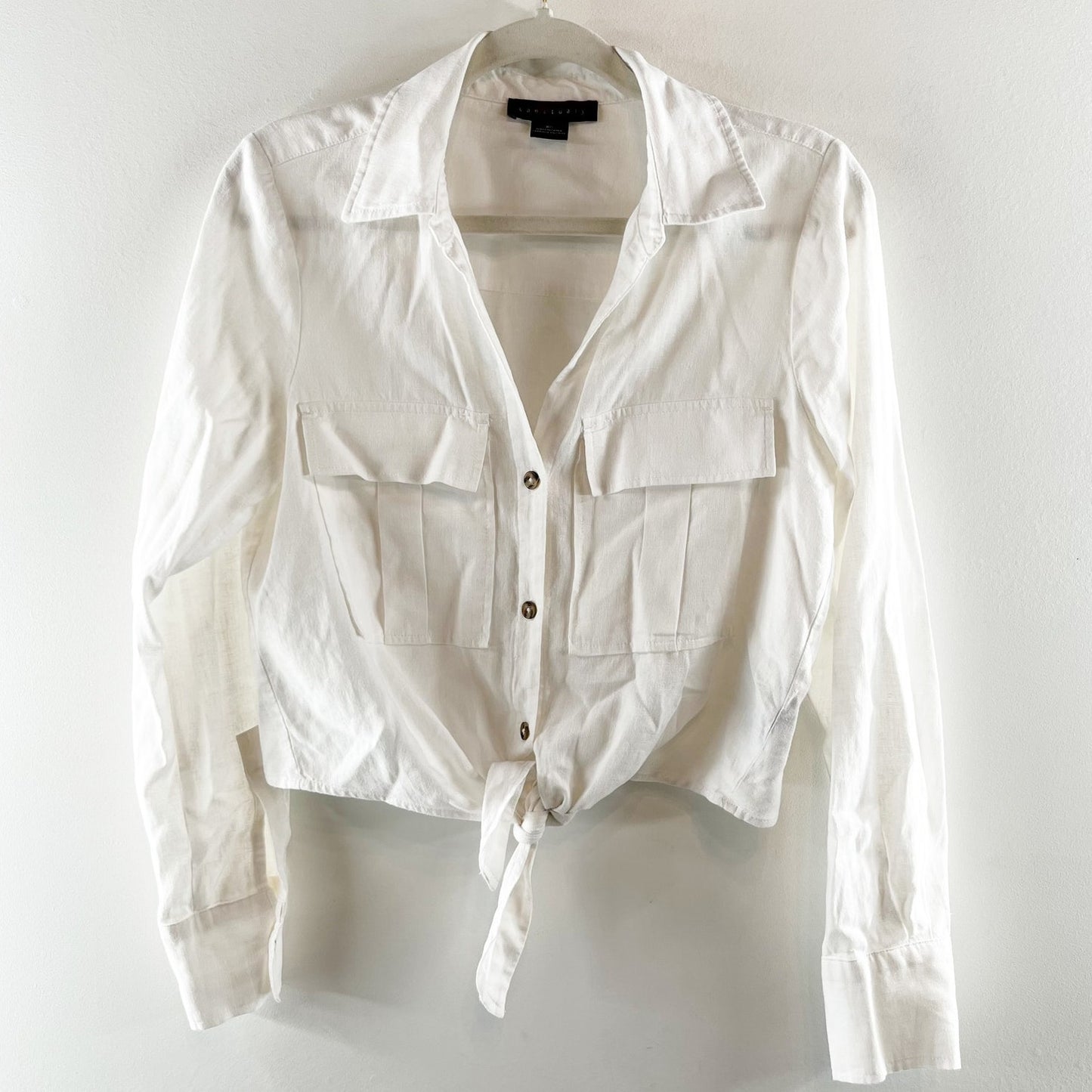 Sanctuary Utility Long Sleeve Chest Pocket Tie-Front Button-Up Shirt White XS