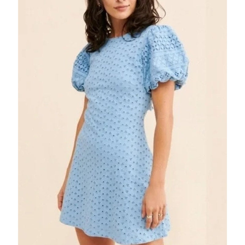 Free People Apricot Rose Puff Short Sleeve Eyelet Lace Mini Dress Blue Large