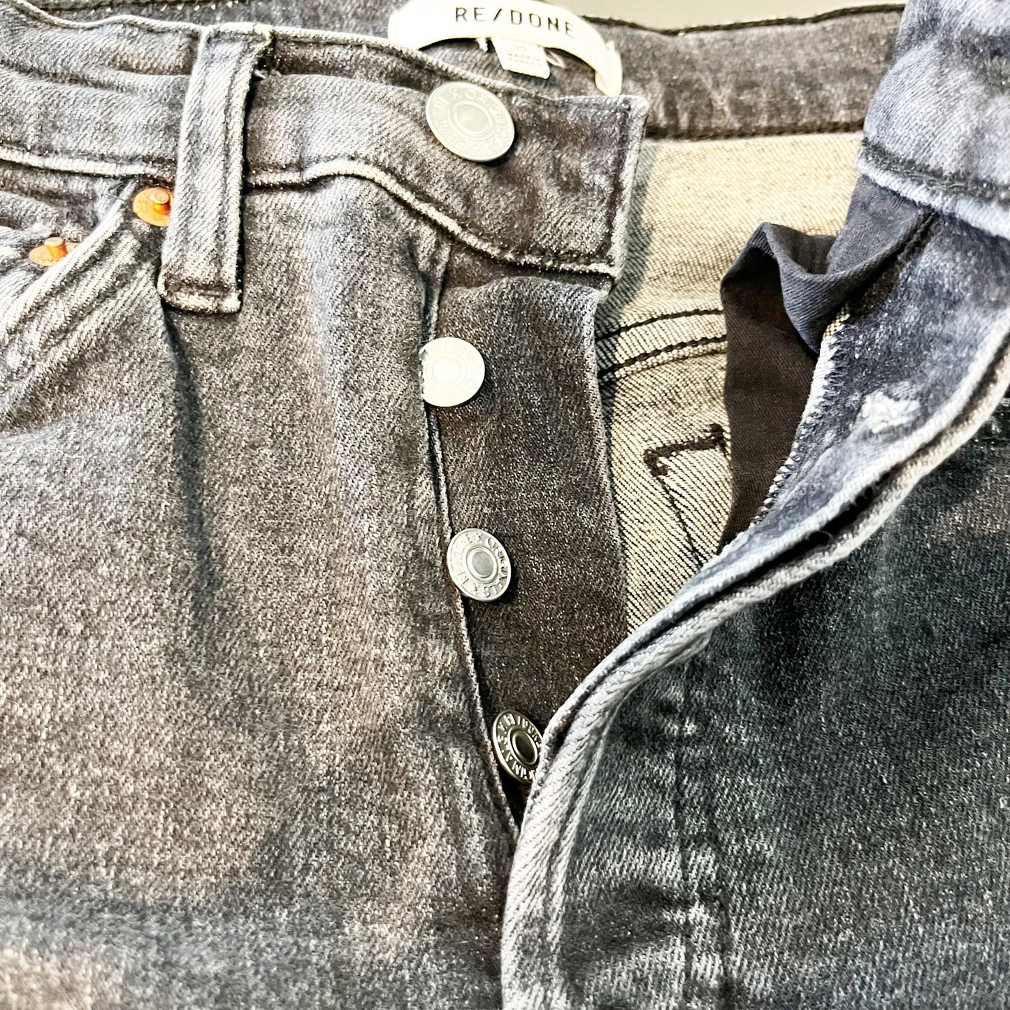 Re/Done 90s High-Rise Button Fly Ankle Frayed Hem Cropped Skinny Jeans Black 25