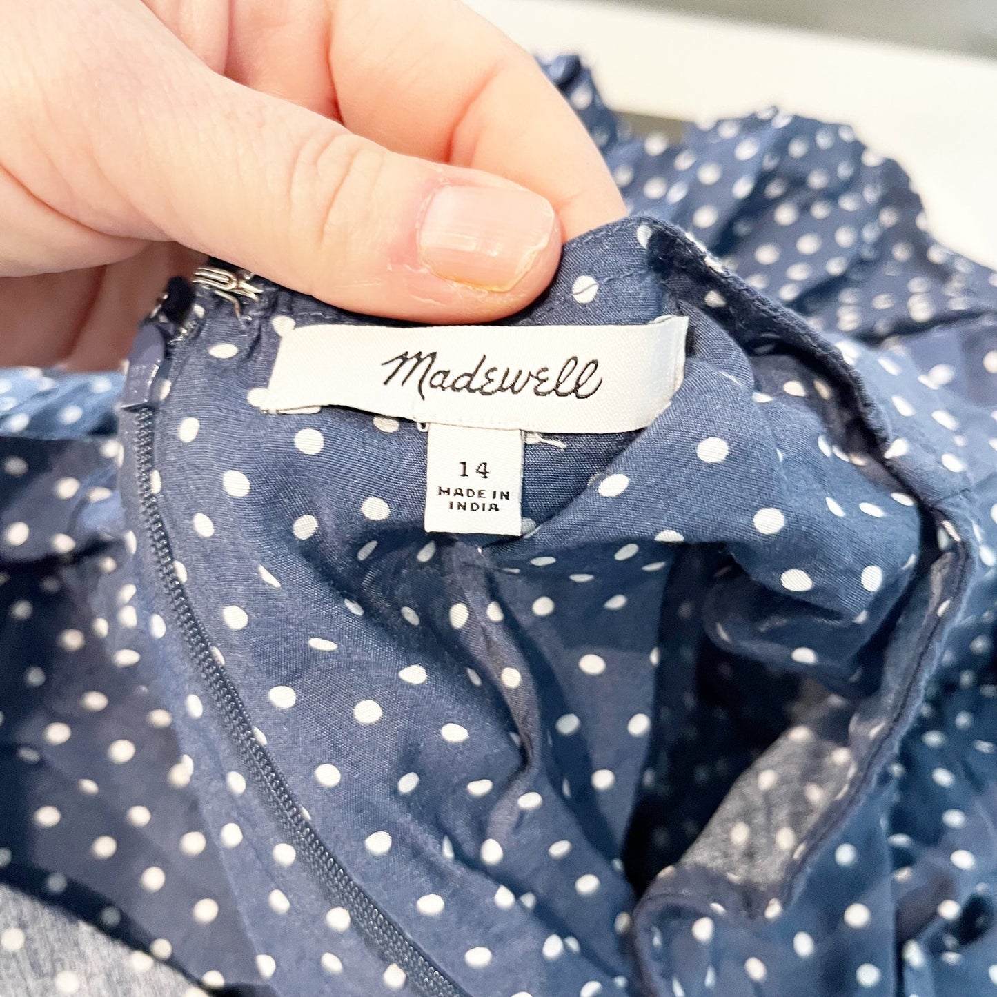 Madwell Puff-Sleeve Ruffle Mini Dress in Polka Dot Curfew Blue 14