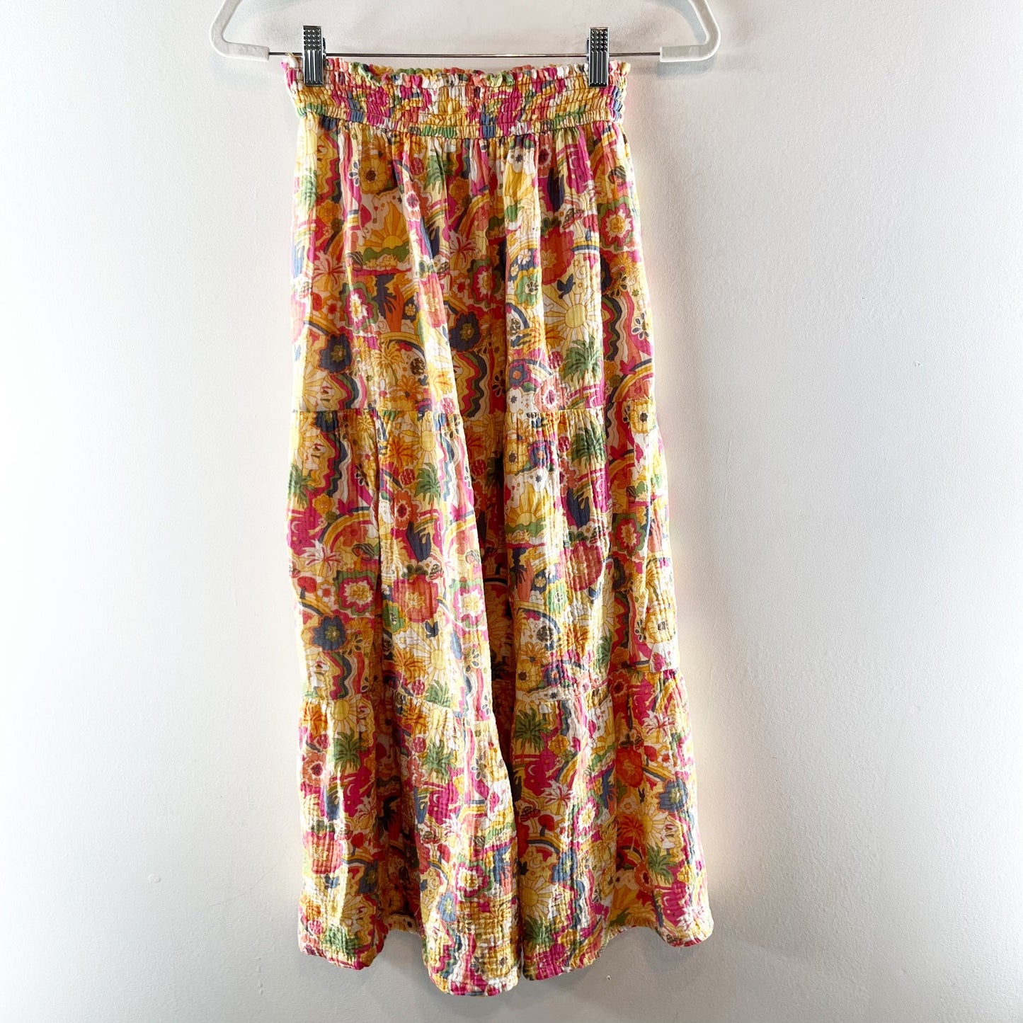 Marine Layer Floral Print Smocked Tiered A-Lined Maxi Skirt Yellow Orange Medium