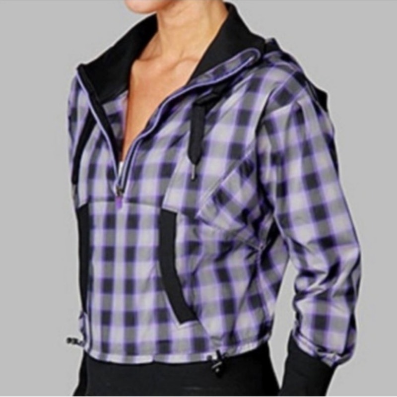 Lululemon Run Reflection 1/2 Zip Long Sleeve Plaid Hoodie Jacket Purple Black 10