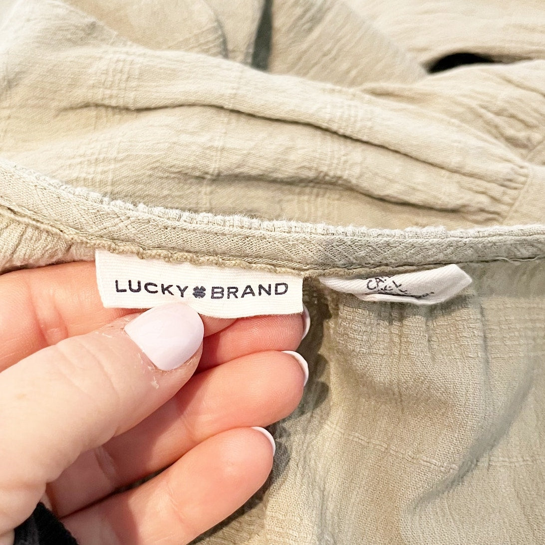 Lucky Brand Cotton Button Up Tiered Short Sleeve Maxi Dress Green Large