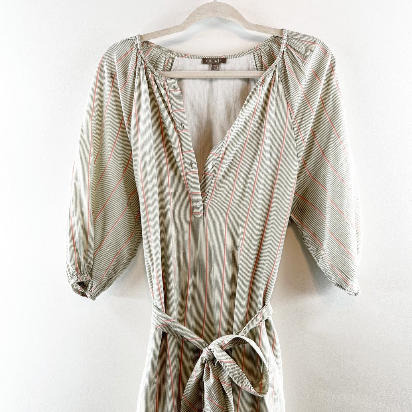 Lilla P Easy Elbow Sleeve Cotton Striped Midi Dress Papaya Stripe Small