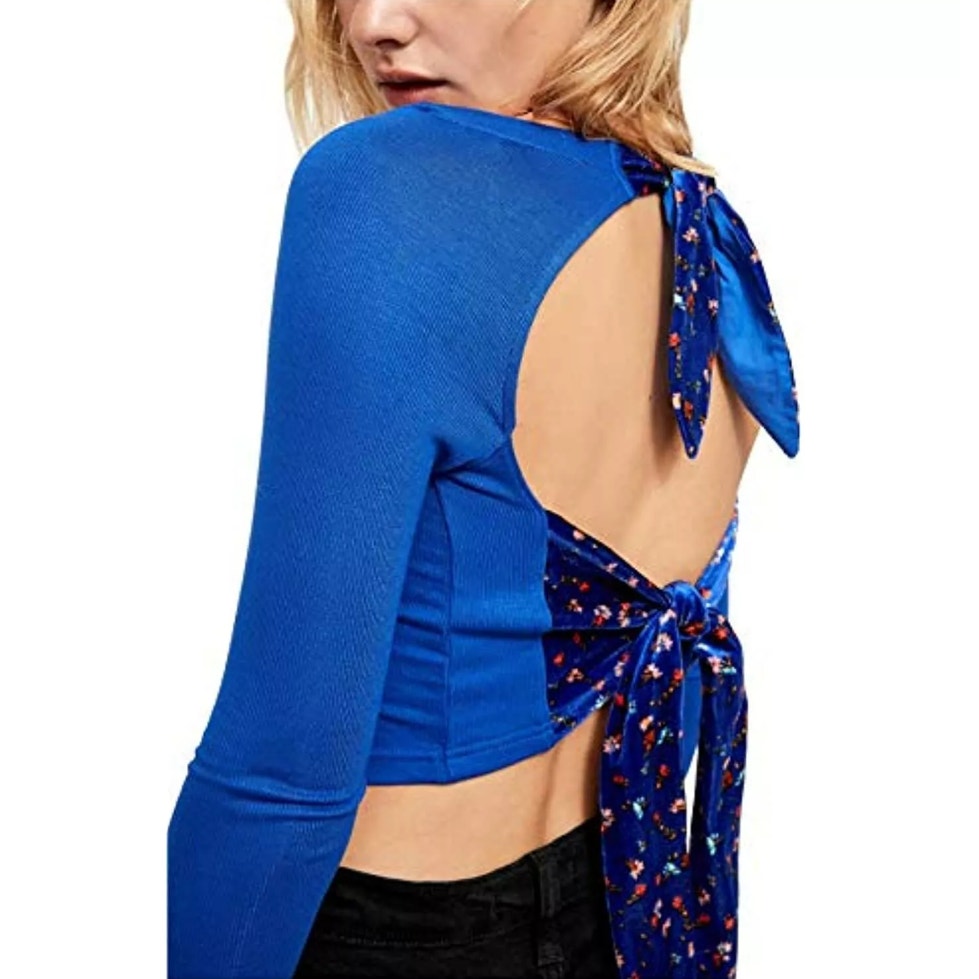 Free People Long Sleeve Looking Forward Back Cutout Tie Crop Top Blue Small