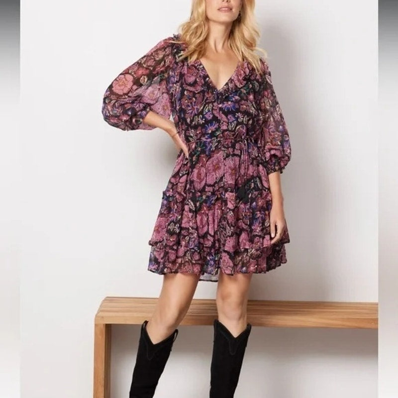 Cleobella Audrey Long Sleeve Floral Mini Dress Purple Pink XS