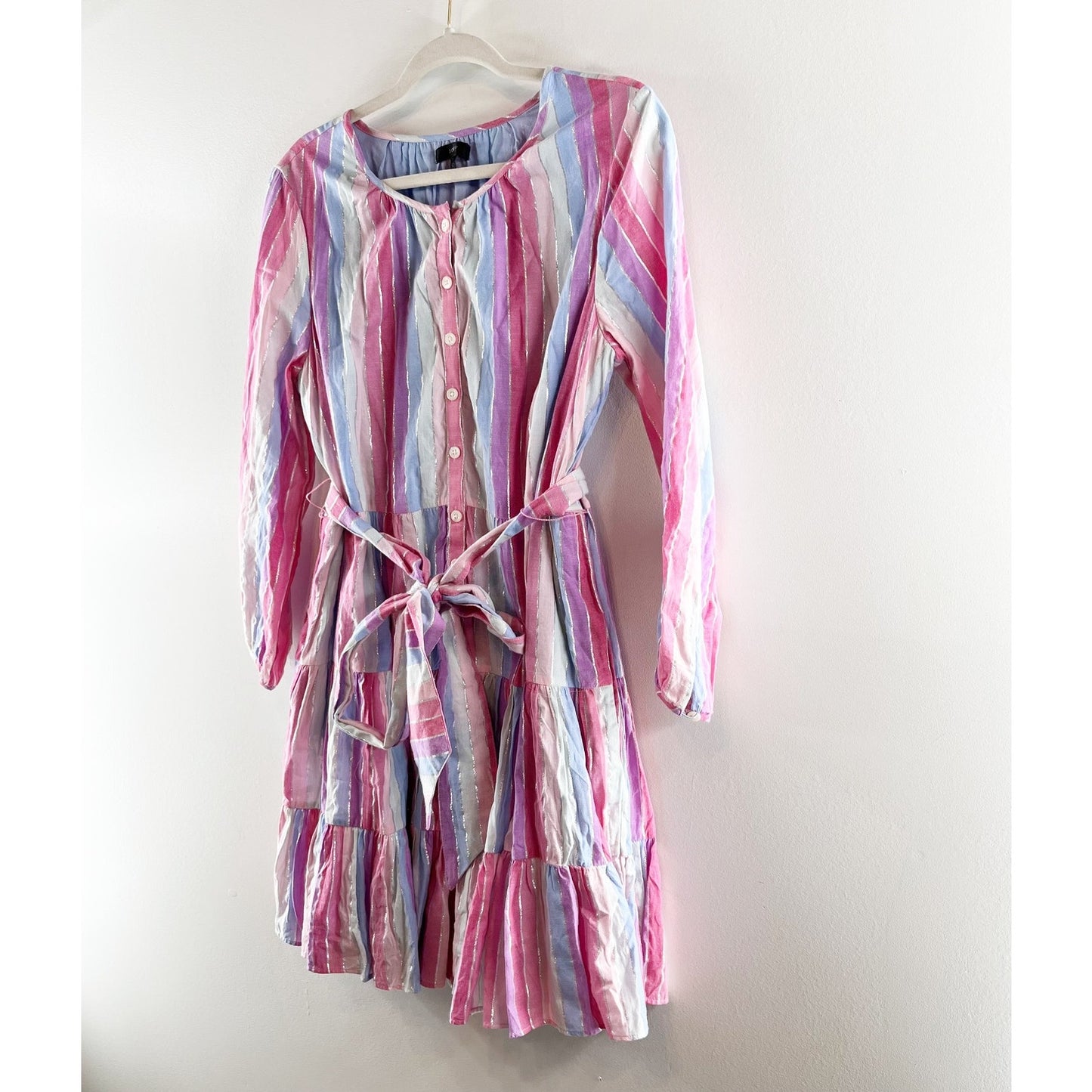 J. Crew Belted Button Up Long Sleeve Mini Dress in Pastel Stripe Purple Pink M