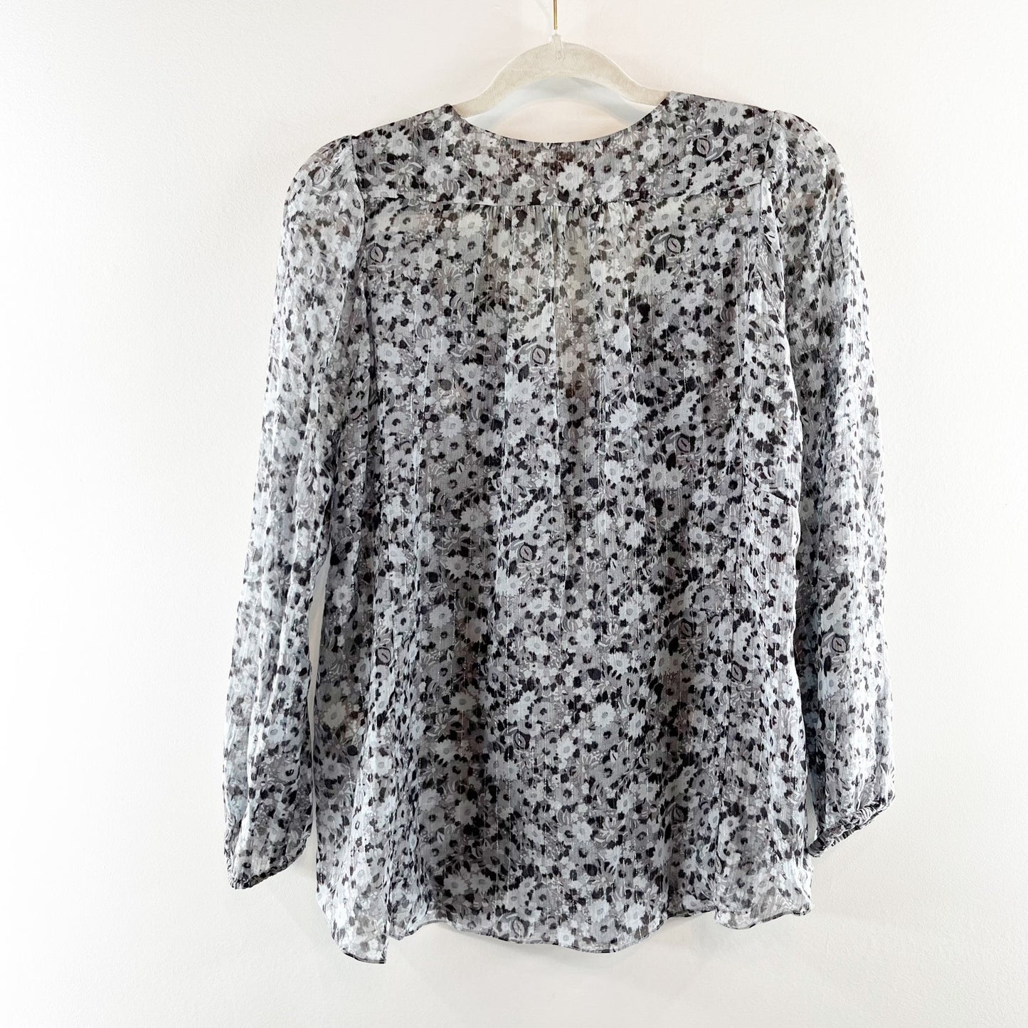 Rebecca Taylor Floral Print Long Sleeve Silk Blend Button Blouse Gray Medium