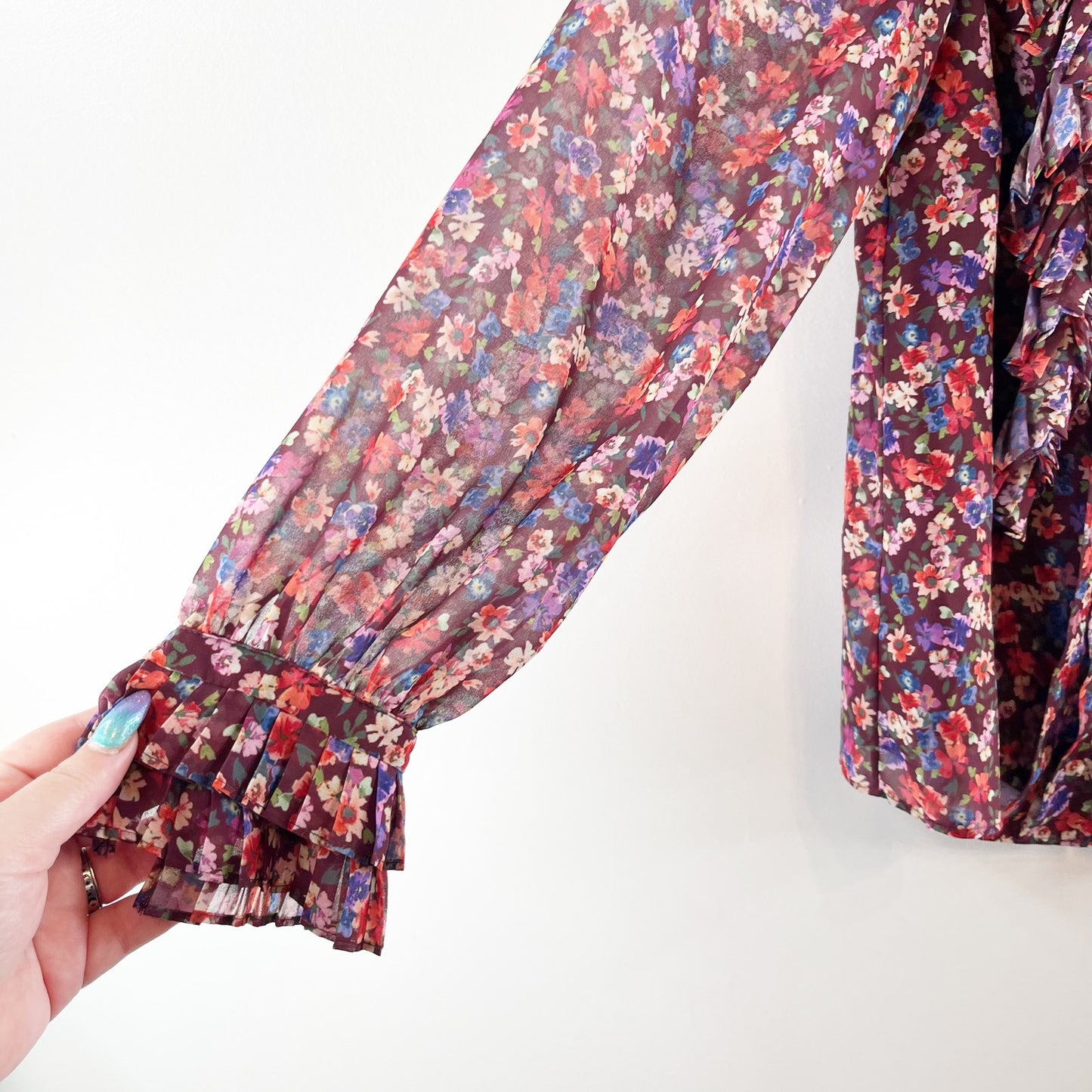 Sezane Dany Button Up Shirt Blouse Floral Ruffle Long Sleeve Purple 34 / US 2-4