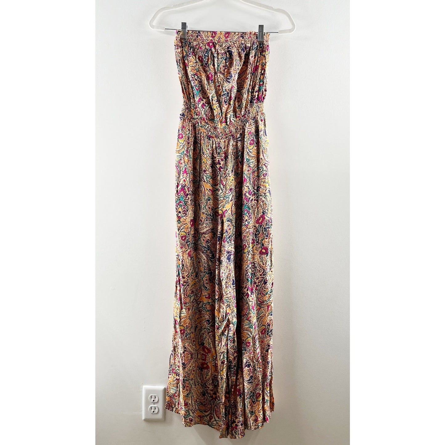 Evereve Strapless Smocked Wide Leg Paisley Print Jumpsuit Orange Red Medium